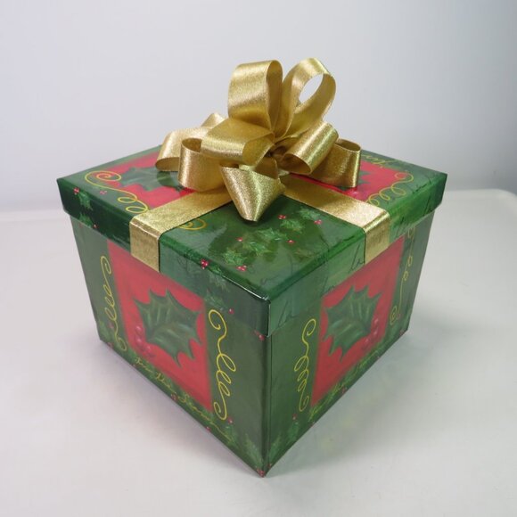Red & Green holiday gift box with gold unwired ribbon bow Christmas - Picture 1 of 6
